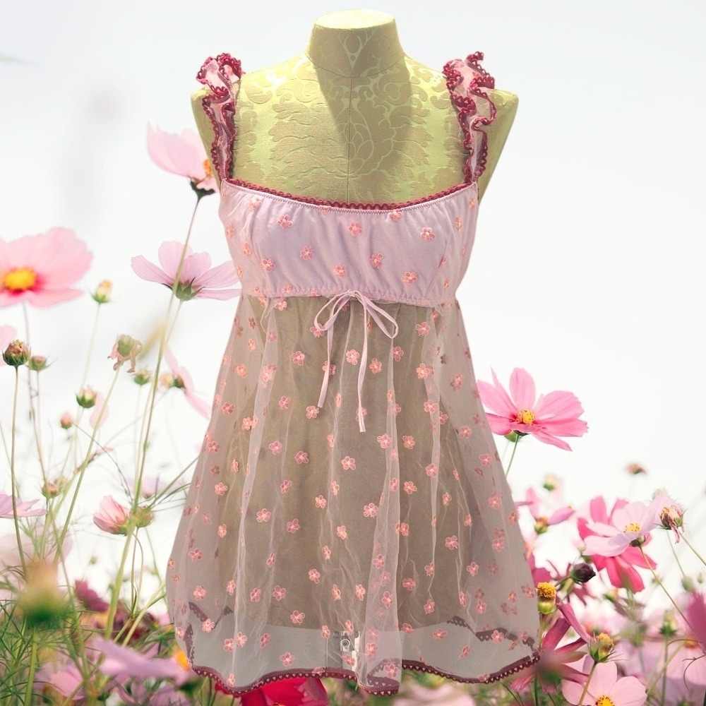 Urban Outfitters Sheer Pink Floral Fairy Embroidered Babydoll Dress Nightgown M